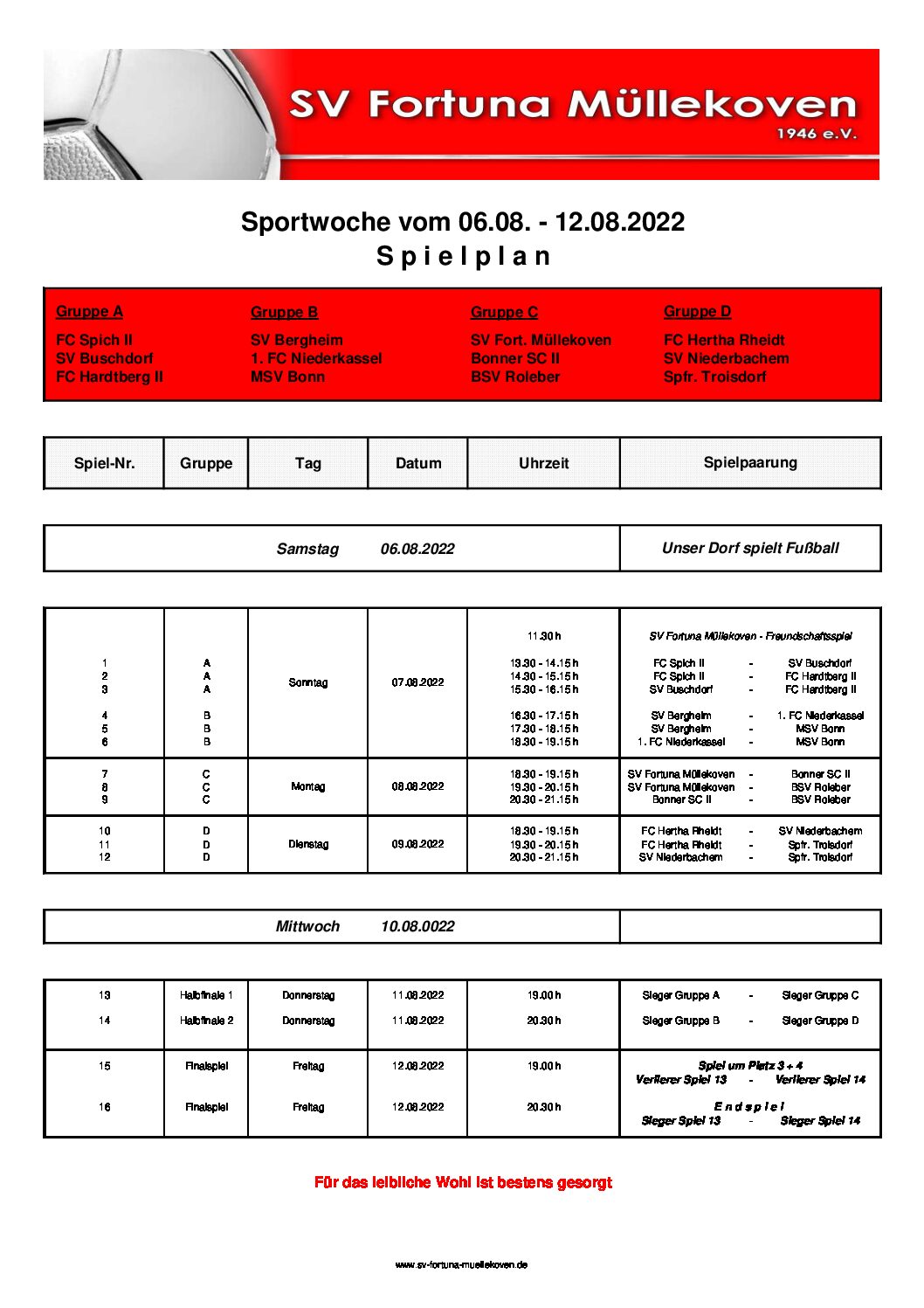 Spielplan Sportwoche 06.08-12.08.2022