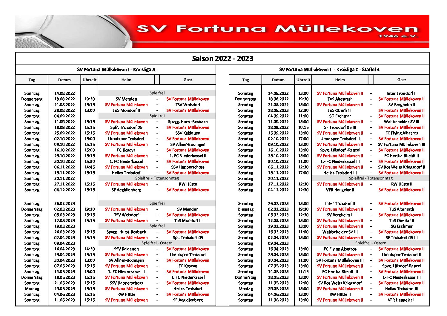 Spielplan Übersicht Saison 2022/23