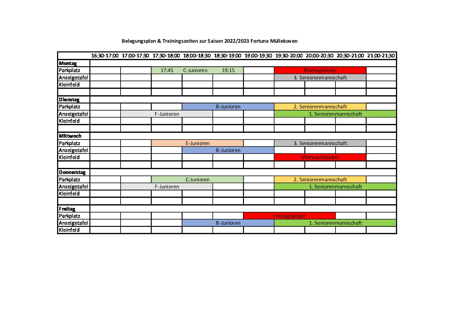 Trainingszeiten und Platzbelegung 22/23