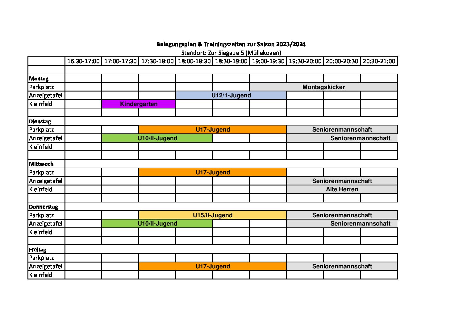 Trainingszeiten und Platzbelegung 2023/24
