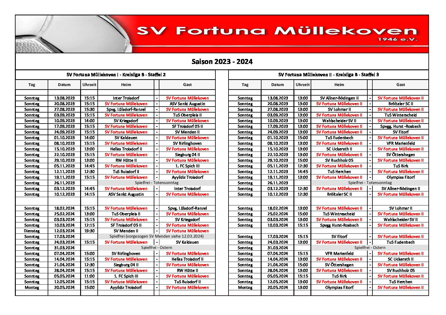 Spielplan Saison 2023/24